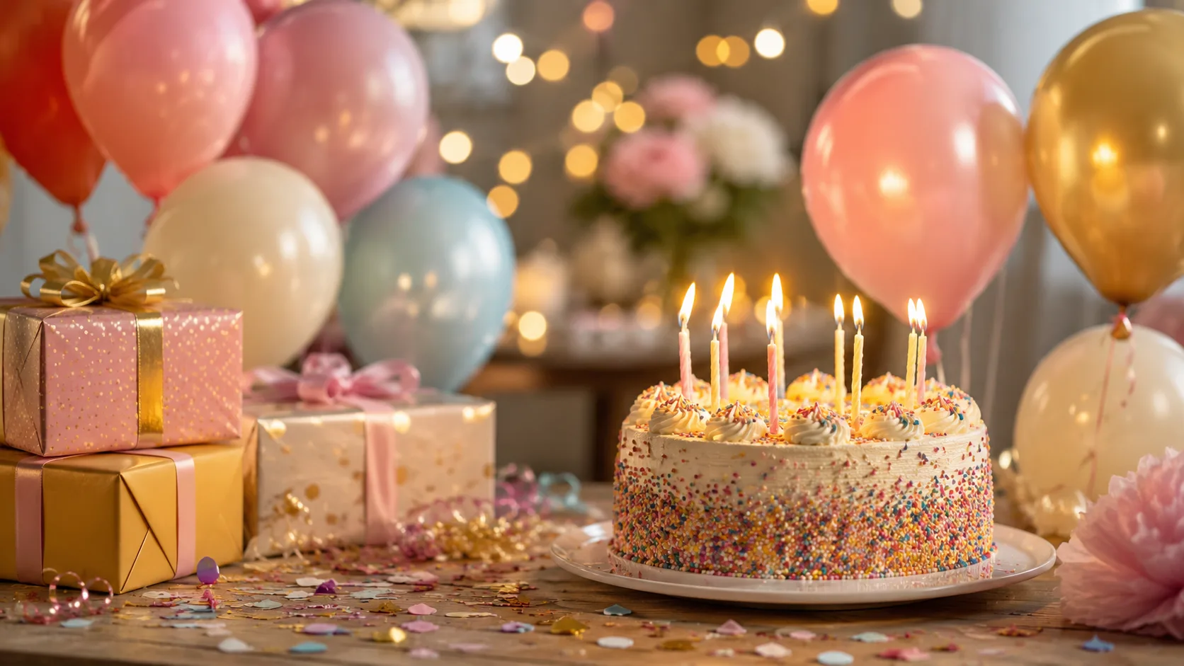Una torta di compleanno con le candeline accese, circondata da palloncini rosa e dorati, regali incartati e coriandoli su un tavolo di legno