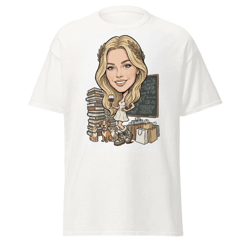 T-shirt, tazza e tote bag con la stessa caricatura